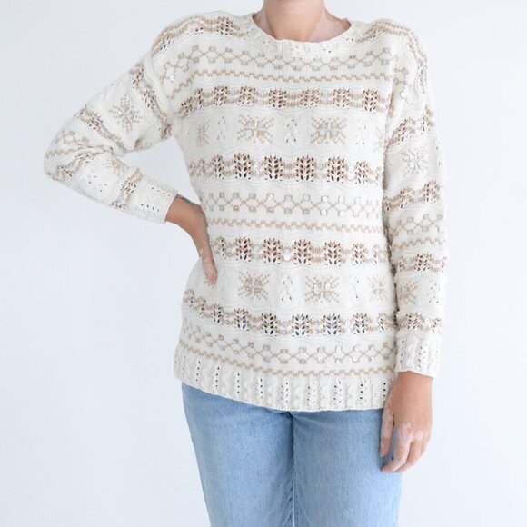 Vintage Liz Sport Cream w Tan Snowflakes Knit Beaded Crewneck Sweater M - Picture 1 of 12